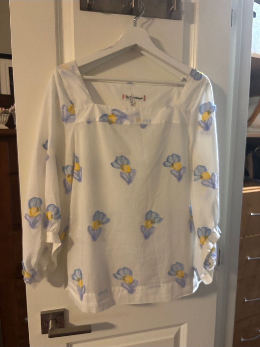White Floral Square-Neck Blouse with Blue and Yellow Embroidery